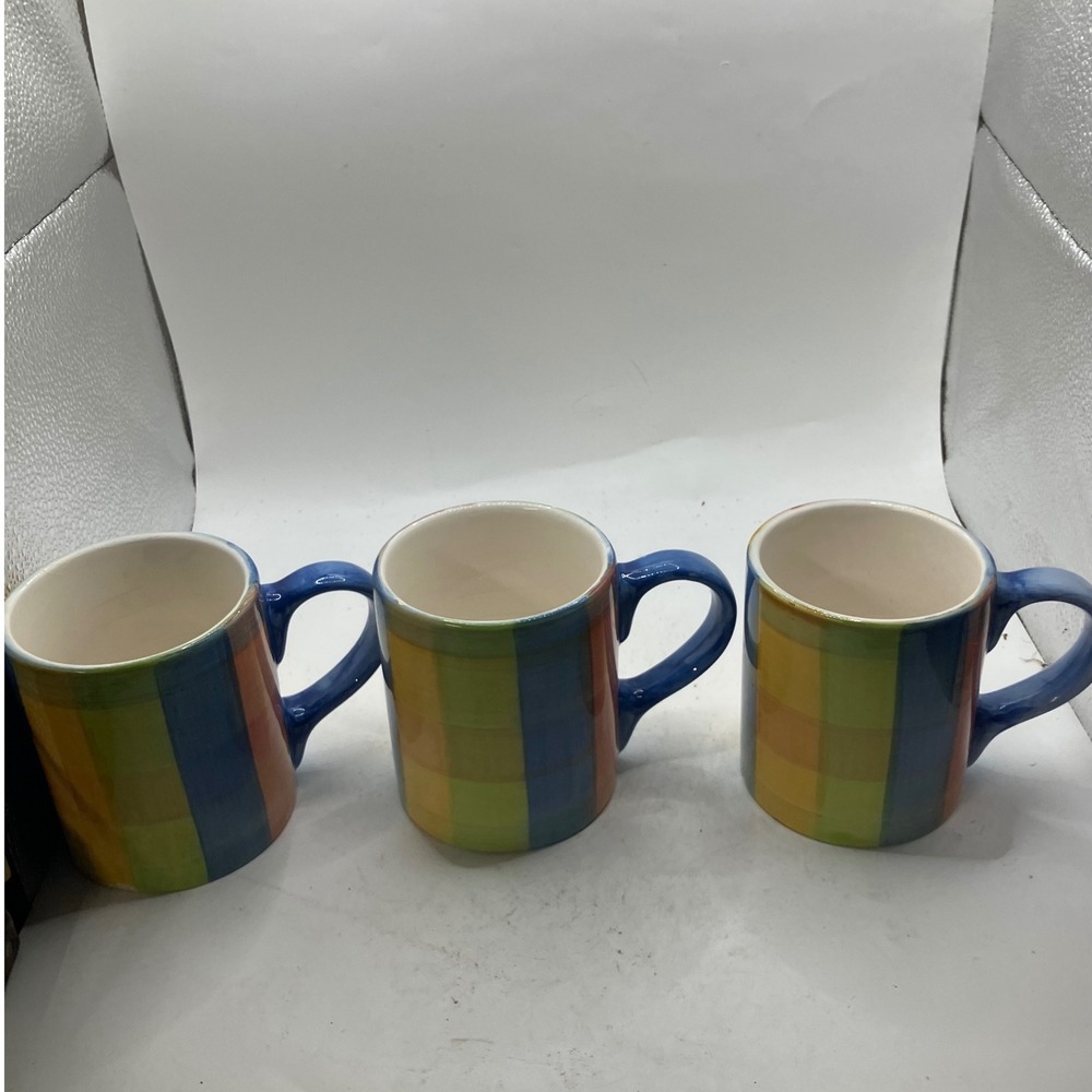 Cost Plus World Market Colorful Plaid Coffee Mugs Set of 3 Kitchen Decor